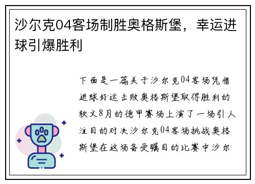 沙尔克04客场制胜奥格斯堡，幸运进球引爆胜利