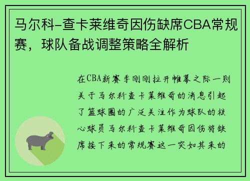马尔科-查卡莱维奇因伤缺席CBA常规赛，球队备战调整策略全解析