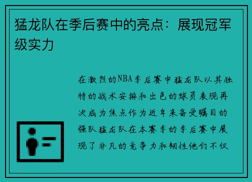 猛龙队在季后赛中的亮点：展现冠军级实力