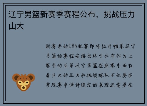 辽宁男篮新赛季赛程公布，挑战压力山大